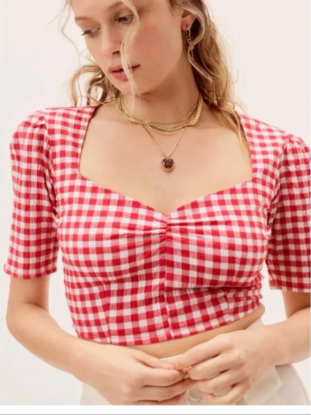 Vanessa Mooney Red Gingham Square-Neck Crop Top